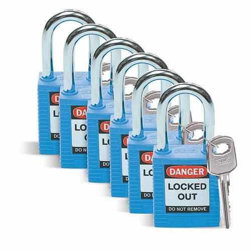 Brady Vorhängeschlösser aus Nylon mit Stahlbügel, VE: 6 Stück, blau, 309038