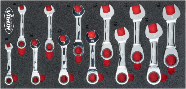 VIGOR Ratschen Ring-Maulschlüssel Satz, kurz, Außen-Sechskant Profil, Außen-Doppel-Sechskant Profil, 8 - 19, Anzahl Werkzeuge: 12, V5075