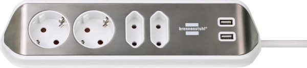 Brennenstuhl estilo Ecksteckdosenleiste 4-fach (für Küche und Büro, 2x Schutzkontakt-Steckdosen, 2x Euro-Steckdosen) silber/weiß, 1153590420