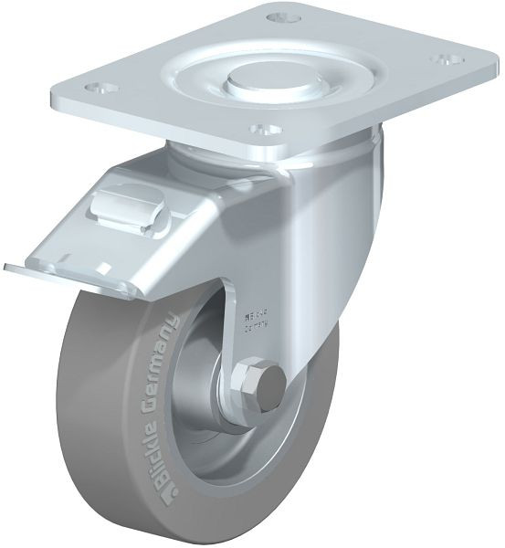 Blickle LH-ALEV 125K-3-FI-SG Stahlblech-Lenkrolle, Schwerlast-Ausführung, mit Anschraubplatte & Feststeller, Elastik-Vollgummi, Grau, 669770