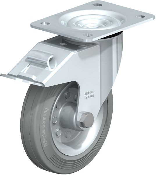 Blickle LE-VE 160R-FI-SG Stahlblech-Lenkrolle mit Anschraubplatte & Feststeller, Vollgummi, Grau, 404103
