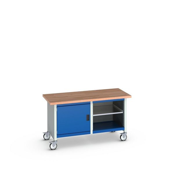 bott cubio Kastenwerkbank mobil, Türe, 2 Ablagen, Rotbuche-Arbeitsplatte, BxTxH: 1500x750x840mm, RAL 7035/5010, Enzianblau, 41002095.11V