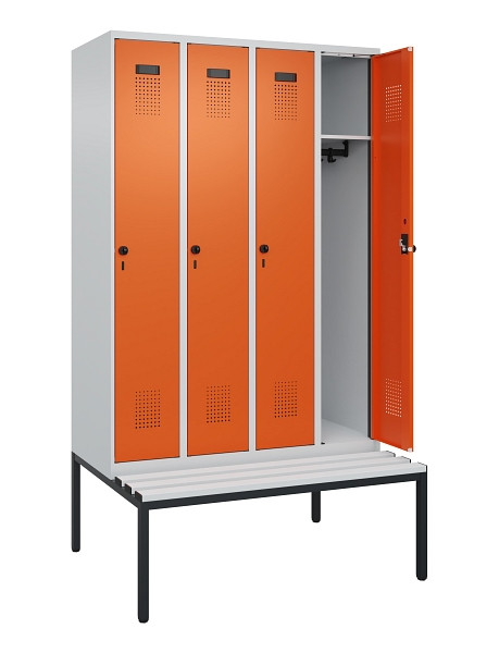 C+P Spind Evolo PLUS, 4 Abteile, 2120x1200x815mm, 7035/2004, Haken 3, Drehriegel, Sitzfläche Kunststoff, Sitzbank, 0490507-40 S10056