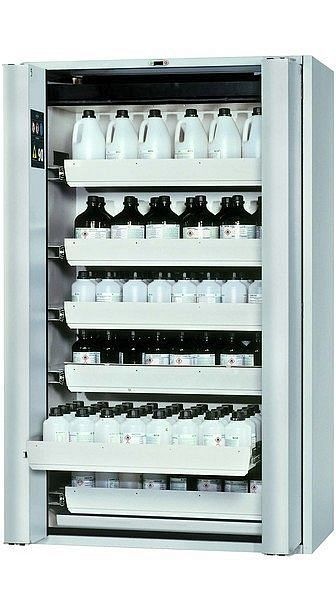 asecos Sicherheitsschrank S-PHOENIX touchless-90, S90.196.120.FDAO in lichtgrau RAL 7035 mit 6x Auszugswanne Standard (Edelstahl), 30120-001-30154