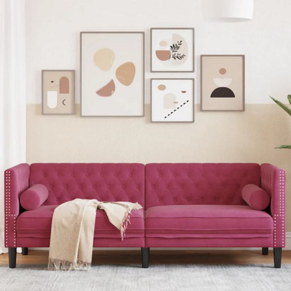 vidaXL Chesterfield-Sofa mit Nackenrollen 3-Sitzer Weinrot Samt, 372697
