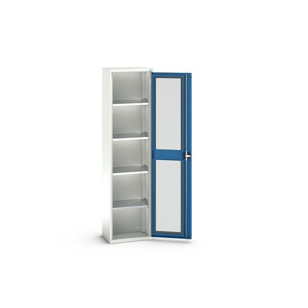 bott verso Flügeltürschrank mit Sichtfenster, mit 4 Fachböden, BxTxH: 525 x 350 x 2000 mm, Lichtgrau / Enzianblau, 16926073.11