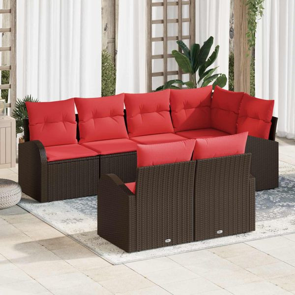 vidaXL Garten-Sofa-Set mit Kissen 7-teilig Braun und Rot Poly-Rattan, 3354753