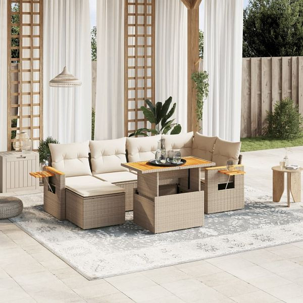 vidaXL 7-tlg. Garten-Sofagarnitur mit Kissen Beige Poly Rattan, 3273620
