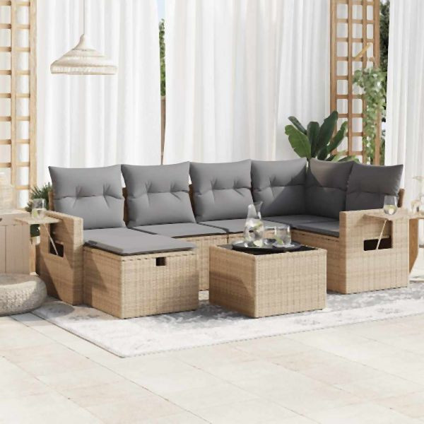 vidaXL 7-tlg. Garten-Sofagarnitur mit Kissen Beige Poly Rattan, 3325495
