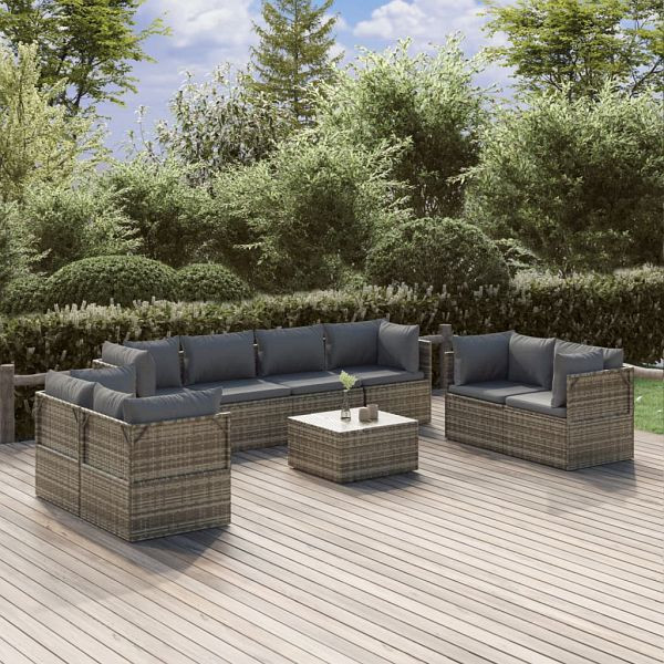 vidaXL 9-teilig Garten-Lounge-Set mit Kissen Grau Poly Rattan, 3157500