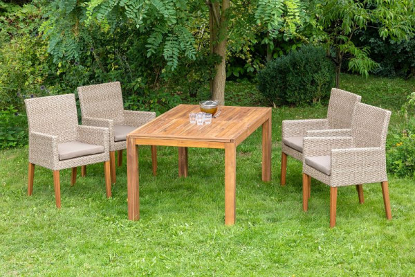 Merxx Ranzano Set 5-teilig, 4 Ranzano Sessel, inkl. Sitzkissen, 1 Ausziehtisch 150 (200) x 90 cm, Akazienholz, schilf, FSC Akazienholz, 50442-259