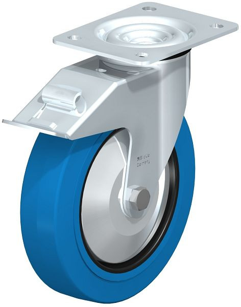 Blickle LE-POEV 200XR-FI-SB-FA Stahlblech-Lenkrolle mit Anschraubplatte & Feststeller, Elastik-Vollgummi, Blau, 850269