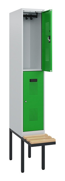 C+P Doppelstock-Spind Evolo PLUS, Bank, 2 Fächer, 1950x300x815mm, 7035/6037, Zylinderschloss, Sitzfläche Buche-Hartholz, 0493405-10 S10038