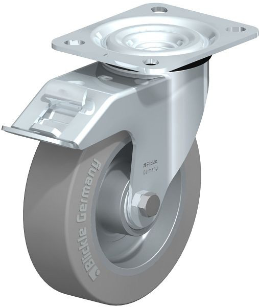 Blickle L-ALEV 125K-FI-SG Stahlblech-Lenkrolle, mittelschwere Ausführung, mit Anschraubplatte & Feststeller, Elastik-Vollgummi, Grau, 348227