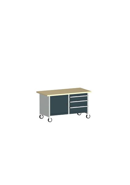bott cubio Kastenwerkbank mobil 3 Schubladen Tür, Ablage, Rotbuche-Arbeitsplatte BxTxH: 1500 x 750 x 840 mm, RAL 7035/7016, 41002101.19V