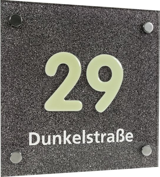 Moedel Hausnummernschild mit Straßenangabe, Acrylglas, Ziffer langnachleuchtend, 20x20 cm, 52246