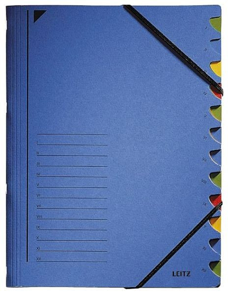 LEITZ 3912 Ordnungsmappe, 12 Fächer, A4, Pendarec-Karton (RC), 430 g/qm, blau, 3912-00-35