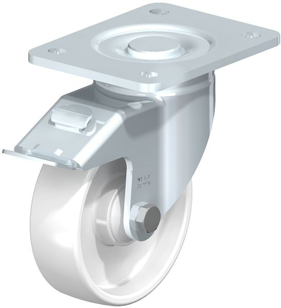 Blickle LH-PO 125K-3-FI Stahlblech-Lenkrolle, Schwerlast-Ausführung, mit Anschraubplatte & Feststeller, Polyamid, Weiß, 623363