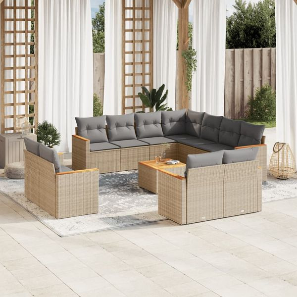vidaXL 12-teilig Garten-Sofagarnitur mit Kissen Beige Poly Rattan, 3258909