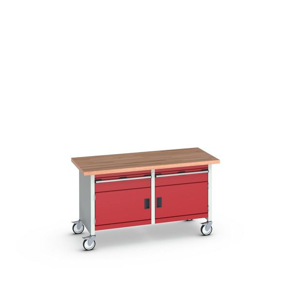 bott cubio Kastenwerkbank mobil 2 Schubladen, 2 Türe, Rotbuche-Arbeitsplatte, BxTxH: 1500x750x840mm, RAL 7035/3004, Purpurrot, 41002104.24V
