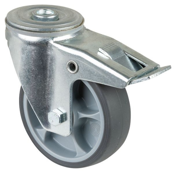 BS Rollen Transportrolle Lenkrolle mit Feststeller, thermoplastisches Gummirad grau, Rollenlager, Durchmesser: 100 mm, VE: 4 Stück, L121.B44.101