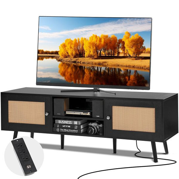 VEVOR Rattan-TV-Ständer 165cm Fernseher Boho-TV-Schrank Fernsehschrank Schwarz, TBDSJ55YCHSLT8DGQV2
