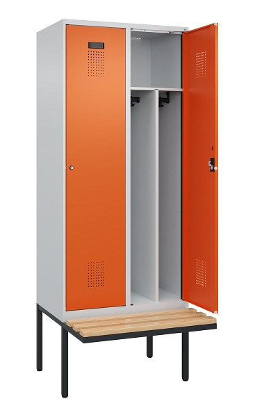 C+P Spind Evolo PLUS, 2 Abteile, 2120x800x815mm, 7035/2004, Haken 4, Zylinderschloss, Sitzfläche Holz, Trennwand, 0490407-22F S10029