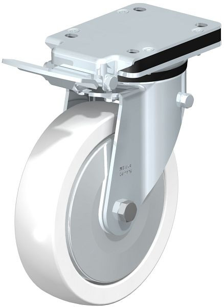 Blickle LK-SPO 200K-IS-FA Stahlblech-Lenkrolle, schwere Ausführung, mit Anschraubplatte & Feststeller, Polyamid, Weiß, 750549