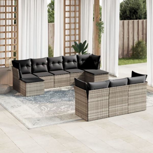 vidaXL 10-tlg. Garten-Sofagarnitur mit Kissen Hellgrau Poly Rattan, 3218332