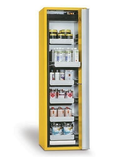 asecos Gefahrstoffschrank GF-750.6 (one touch), T 750 mm, 6 Auszüge, Falttür rechts, gelb, 3031600230320