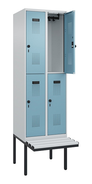 C+P Doppelstock-Spind Evolo PLUS, Bank, 4 Fächer, 2120x600x815mm, 7035/0010, Drehriegel, Sitzfläche Kunststoff, 0493407-20 S10090