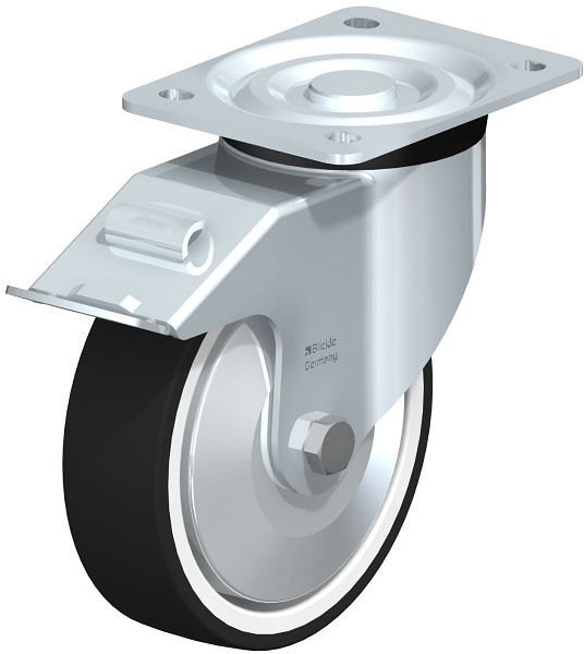 Blickle L-POTH 160G-FI-FA Stahlblech-Lenkrolle, mittelschwere Ausführung, mit Anschraubplatte & Feststeller, Thermoplastisches Polyurethan, Grau, 749425