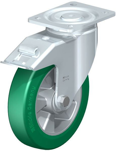 Blickle LH-ALST 200K-FI Stahlblech-Lenkrolle, Schwerlast-Ausführung, mit Anschraubplatte & Feststeller, Blickle Softhane®, Grün, 579581