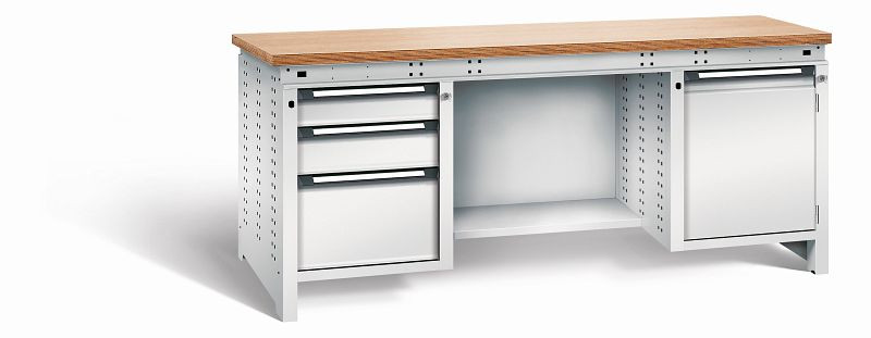 Otto Kind Werkbank Serie function Typ 304, Multiplexplatte 40 mm, bündig, 2x Unterbau + mittleres Feld, komplett RAL 7035, 072359117