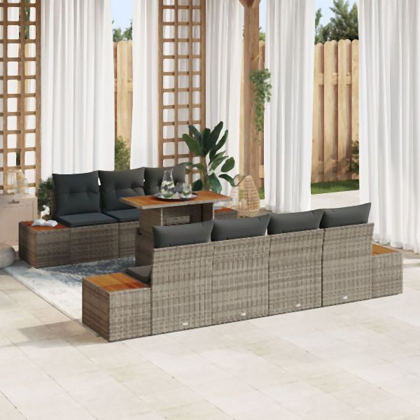 vidaXL Garten-Sofa-Set 8-teilig Grau Poly-Rattan, Holz Gartenmöbel, 3350041