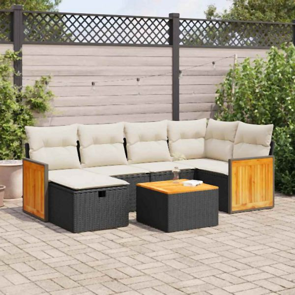 vidaXL 7-tlg. Garten-Sofagarnitur mit Kissen Schwarz Poly Rattan, 3326032