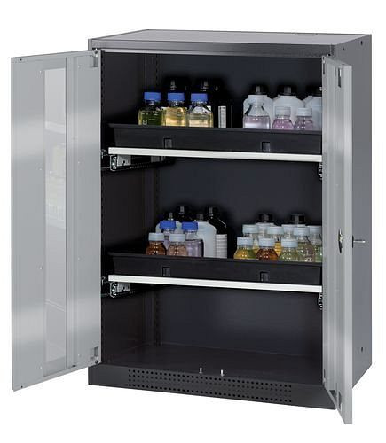 asecos Chemikalienschrank Systema-T CS-82G, Korpus anthrazit, Flügeltüren silber, 2 Tablarauszüge, 208698