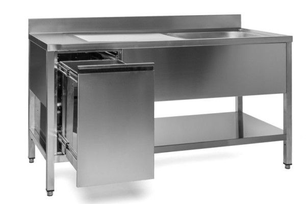 A&S Gastro Spültisch mit Abfallbehälter, 1 Becken rechts, Bautiefe 600 mm, 100x600x850 mm, SPT1061BR-A