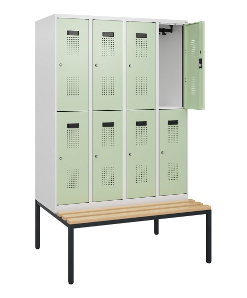 C+P Doppelstöckiger Spind Evolo PLUS, Bank, 8 Fächer, 1950x1200x815mm, 9016/6019, Zylinderschloss, Sitzfläche Buche-Hartholz, Sitzbank, 0493505-40 S10049