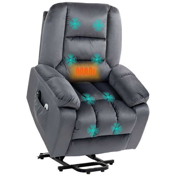 HOMCOM Massagesessel Aufstehhilfe Seniorensessel Relaxsessel, 8 Massagepunkte, 2 Seitentaschen, 85 cm x 94 cm x 107cm, Grau, 713-160V90GY