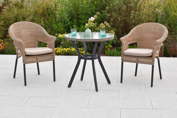 Merxx Ravenna Set 5-teilig, 2 Stapelsessel, 2 Sitzkissen, beige, 1 Tisch Ø 70 cm, matte Glasplatte mit Geflechtrand, Graphit/Natur, 50399-311