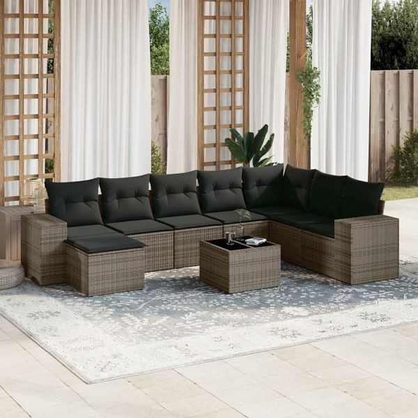 vidaXL 9-teilig Garten-Sofagarnitur mit Kissen Grau Poly Rattan, 3255307