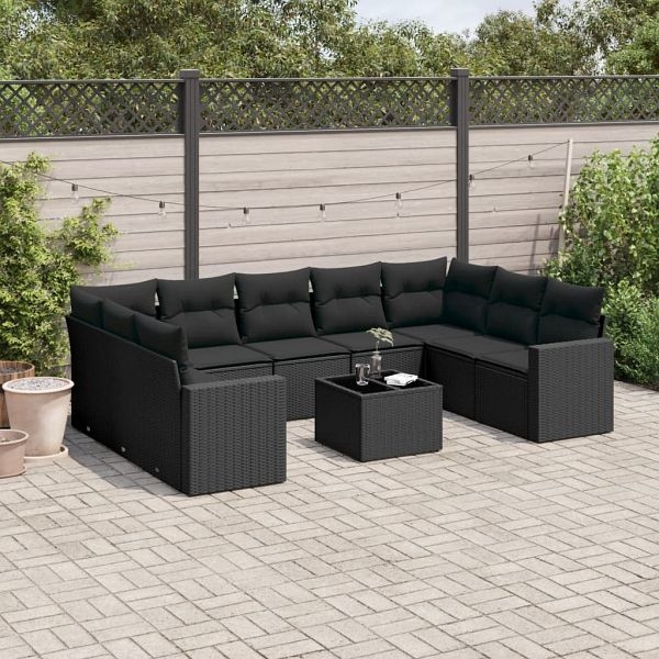 vidaXL 10-teilig Garten-Sofagarnitur mit Kissen Schwarz Poly Rattan, 3251742