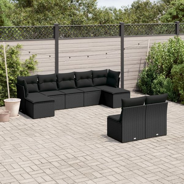 vidaXL 9-teilig Garten-Sofagarnitur mit Kissen Schwarz Poly Rattan, 3218265