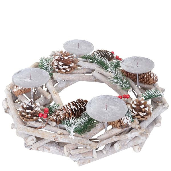 Mendler Adventskranz rund, Weihnachtsdeko Tischkranz, Holz Ø 35cm weiß-grau, ohne Kerzen, 56573