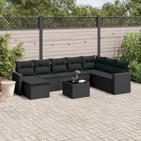 vidaXL 9-teilig Garten-Sofagarnitur mit Kissen Schwarz Poly Rattan, 3251702