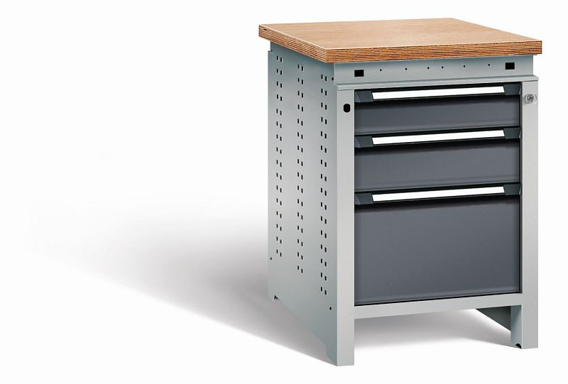 Otto Kind Werkbank Serie function Typ 106, Multiplexplatte, bündig, 3 Schubladen, mit Zentralverschluss, Gehäuse RAL 9006, Front RAL 7016, 07232314S