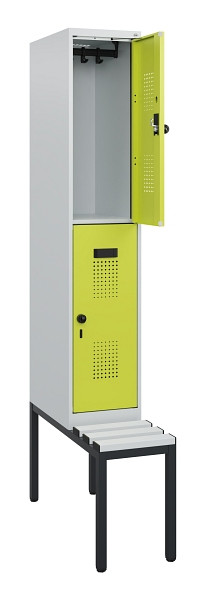 C+P Doppelstöckiger Spind Evolo PLUS, Bank, 2 Fächer, 1950x300x815mm, 7035/0024, Drehriegel, Sitzfläche Kunststoff, Sitzbank, 0493505-10 S10110