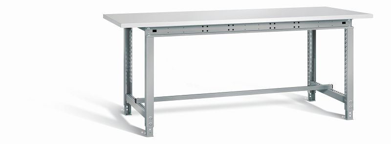 Otto Kind Werktisch allrounder, höhenverstellbar von 720-958 mm, Melamin-Platte, überstehend, 2 Fußgestelle, 2004 mm Breite, komplett RAL 9006, 072396096
