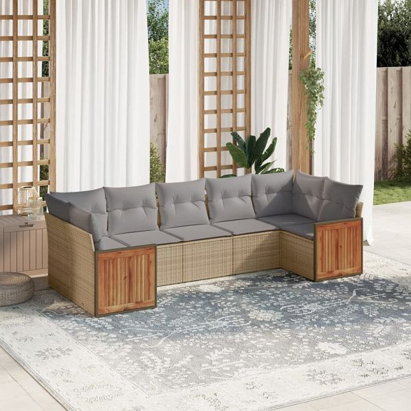 vidaXL 7-tlg. Garten-Sofagarnitur mit Kissen Beige Poly Rattan, 3227949